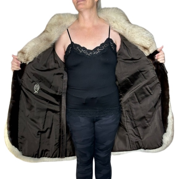 WOLF & MINK FUR STUNNING GENUINE Elegant Black Cream Teddy Jacket Soft Vintage - Picture 7 of 15